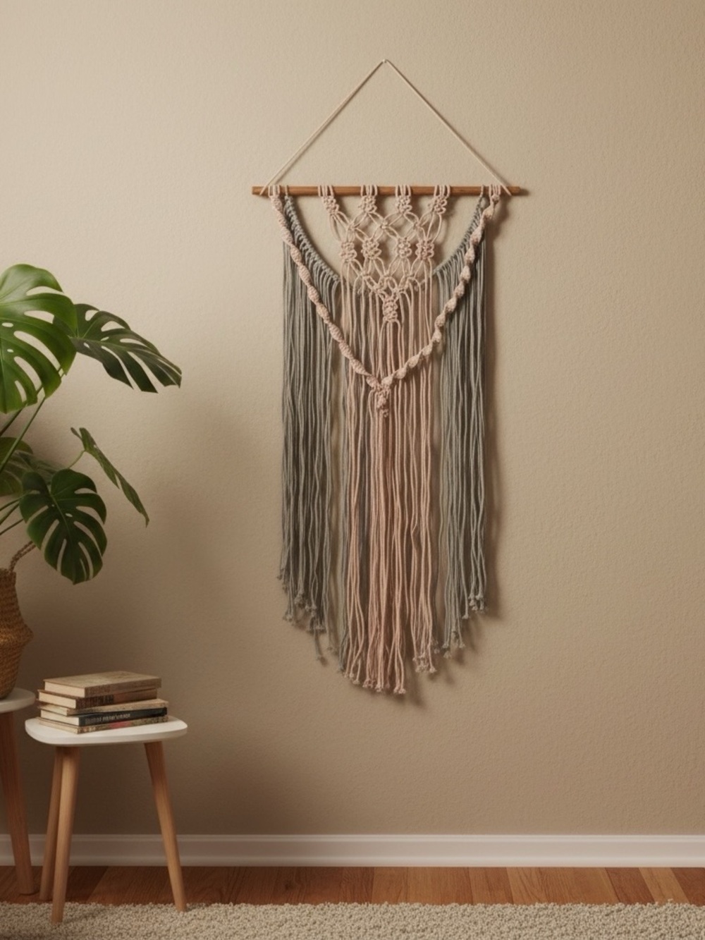 Neutral Beige & Gray Macramé Wall Tapestry - Boho Decor 21.6" x 41"